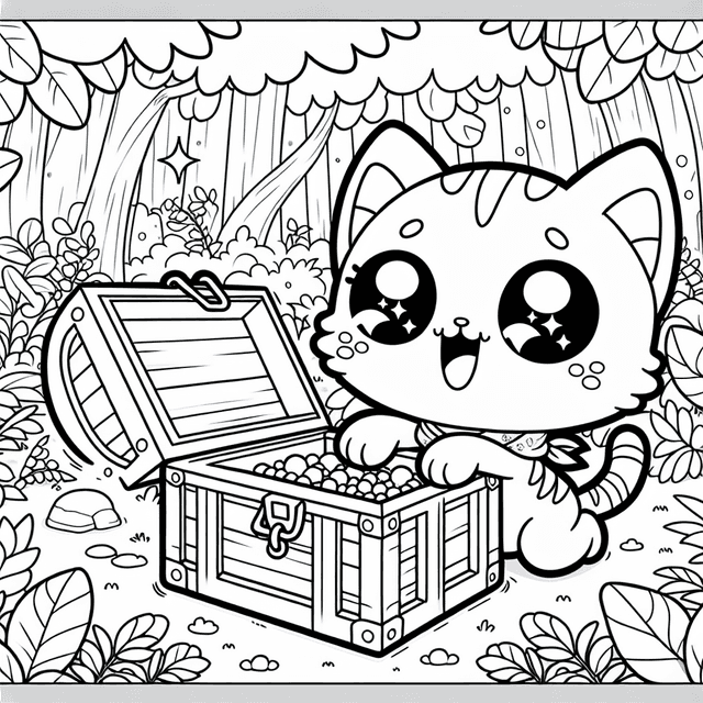 Kawaii cartoon cat exploring a treasure chest in a whimsical forest, featuring clear lines for coloring, exaggerated cuteness, and large eyes.