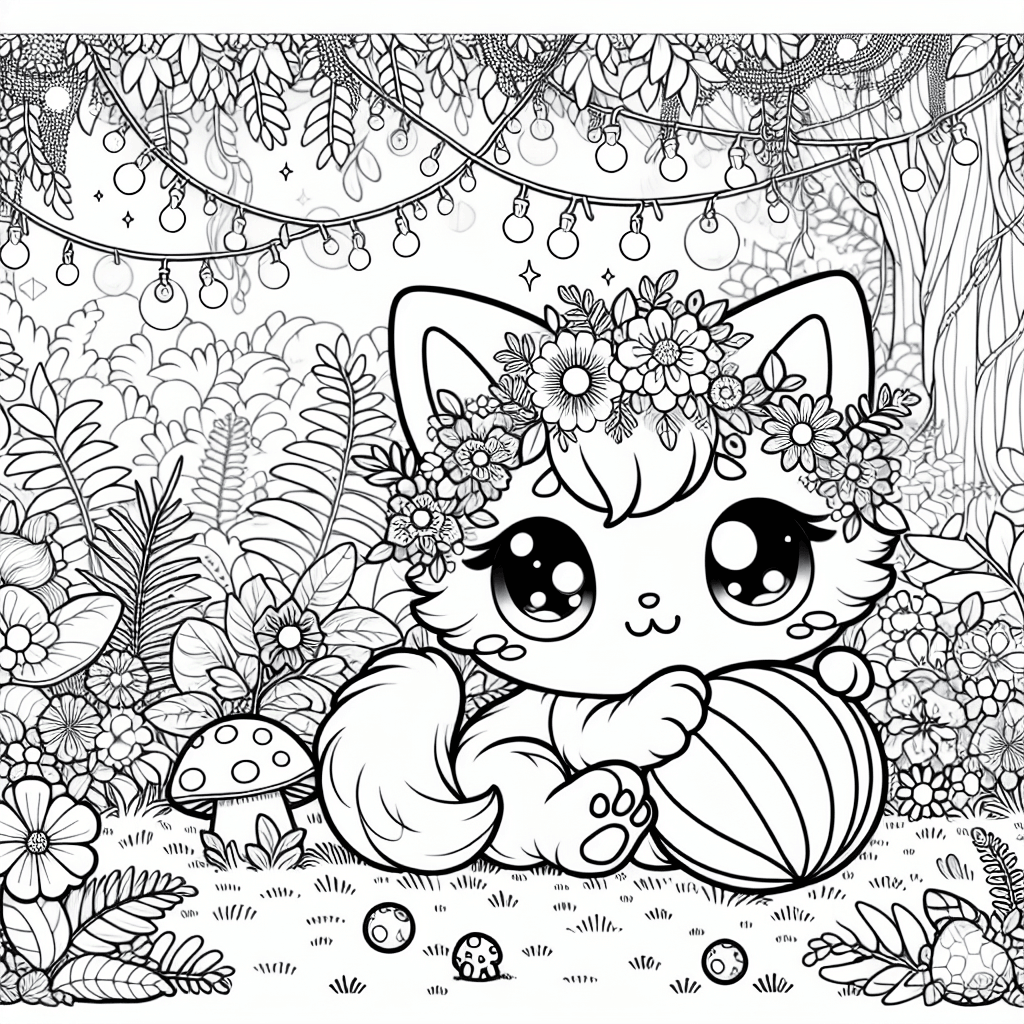 Kawaii cat playing with a bouncy ball in a magical garden, surrounded by blooming flowers, vines, toadstools, ferns, and fairy lights, illustrated in a detailed line-drawing style for coloring.