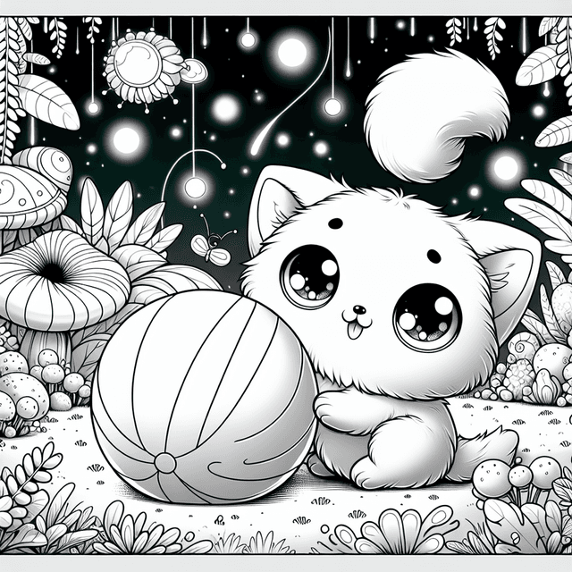 Whimsical monochromatic line art of a kawaii cat in a magical garden, surrounded by peculiar plants and glowing fireflies, playfully pouncing on a bouncing ball, perfect for coloring.