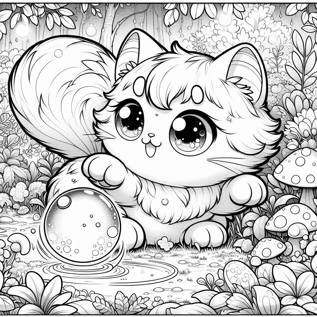 Charming kawaii cat illustration playing with a shiny ball in a magical garden, featuring exaggerated round features, wide eyes, and a mischievous smile, surrounded by enchanting plants, fairy toadstools, and vibrant flowers with glistening dewdrops for a delightful coloring experience.