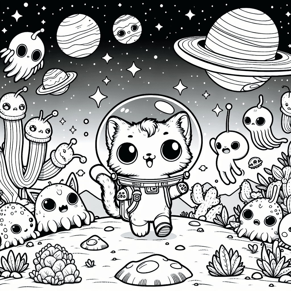 Line art illustration of a kawaii cat exploring an alien planet, surrounded by cute extraterrestrial creatures and unique plants, with a starry sky in the background for coloring.