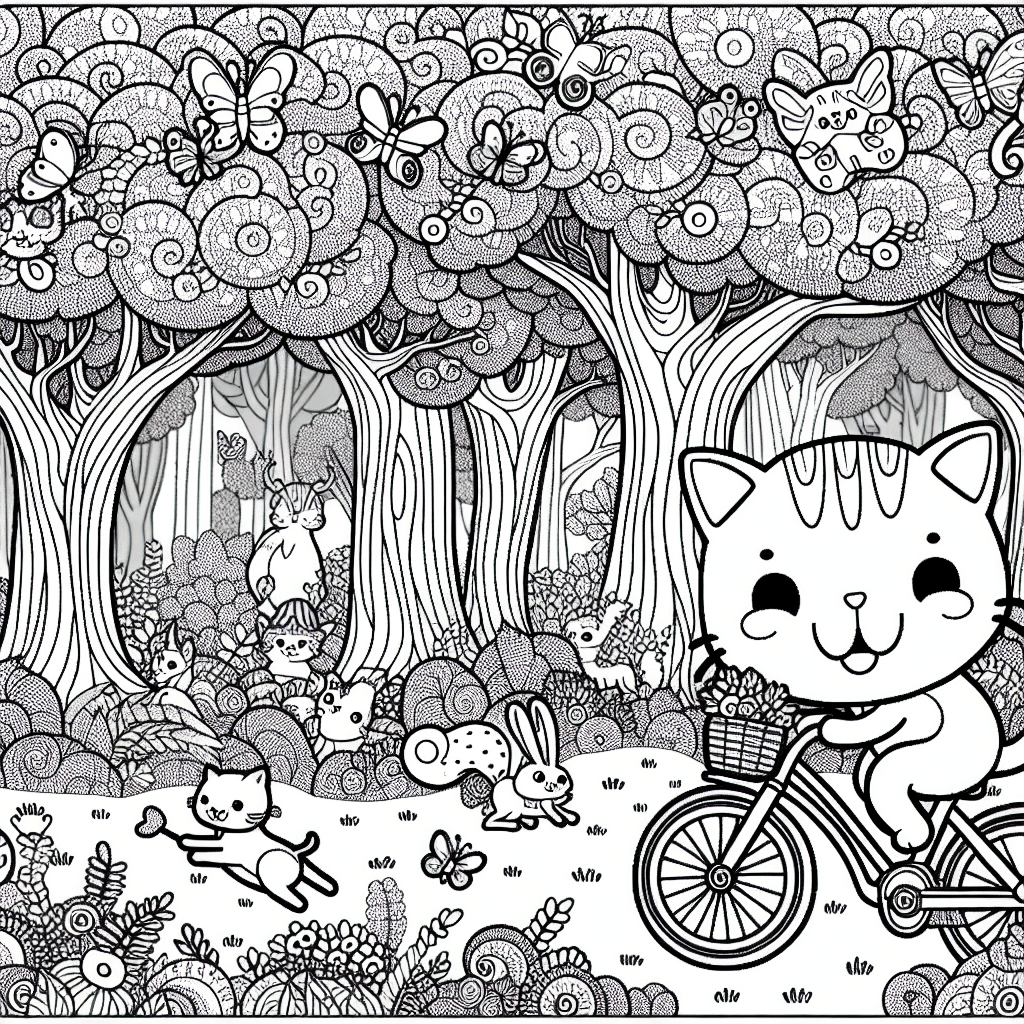 Cartoon-style cat joyfully riding a bicycle through a vibrant forest, surrounded by playful wildlife like squirrels, rabbits, and deer, with butterflies fluttering around; intricate line drawing suitable for coloring.