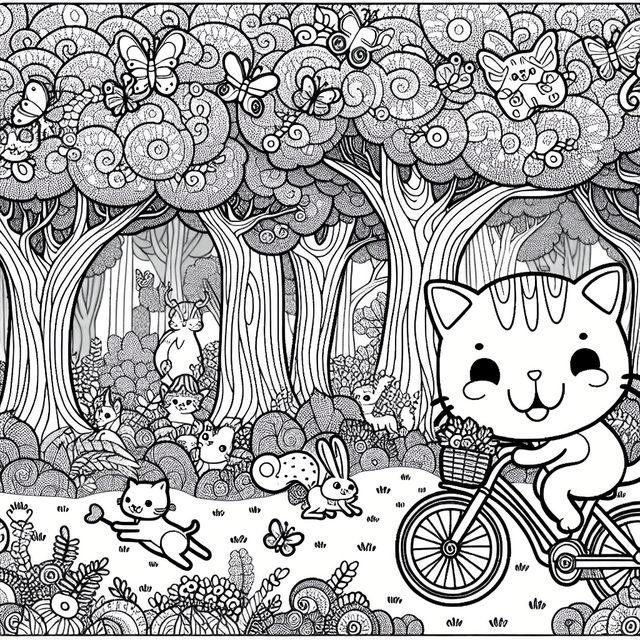 Cartoon-style cat joyfully riding a bicycle through a vibrant forest, surrounded by playful wildlife like squirrels, rabbits, and deer, with butterflies fluttering around; intricate line drawing suitable for coloring.