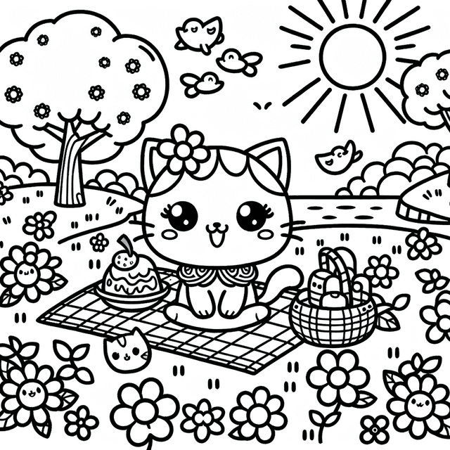 Kawaii-style cartoon cat enjoying a cheerful picnic in a sunny park, surrounded by blooming flowers, playful birds, and a gently flowing stream. Line drawing designed for coloring, featuring clear lines and simplistic details.