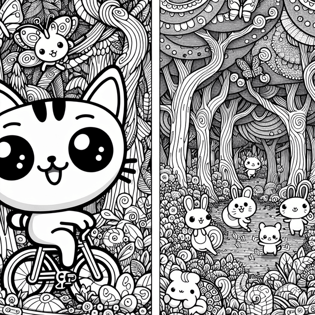 Kawaii cartoon cat with large eyes happily cycling through a whimsical forest filled with animated rabbits, squirrels, and hedgehogs, surrounded by twisting trees and colorful butterflies, all in detailed line drawing ideal for coloring.