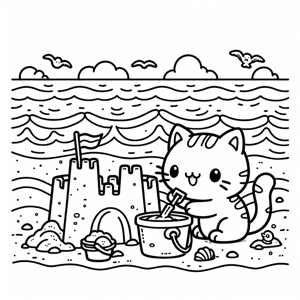 Kawaii-style cat building a sandcastle at the beach with a bucket and shovel, surrounded by waves and seagulls, featuring a decorative flag on the castle, ideal for coloring activities.