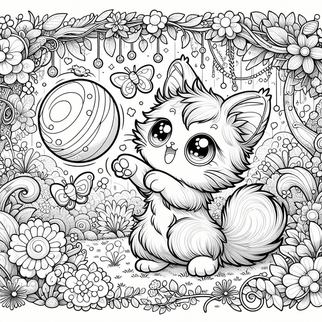 Kawaii-style cat playing with a small ball in a whimsical garden, surrounded by blooming flowers, curious plants, fluttering butterflies, and a mystical tree with bird nests, designed for coloring with clear outlines.