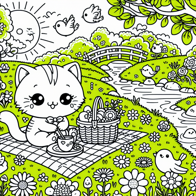 Cute kawaii-style cat enjoying a picnic in a sunny park, surrounded by colorful blooming flowers, playful singing birds, and a gently winding stream through lush green grass; detailed line art perfect for coloring.