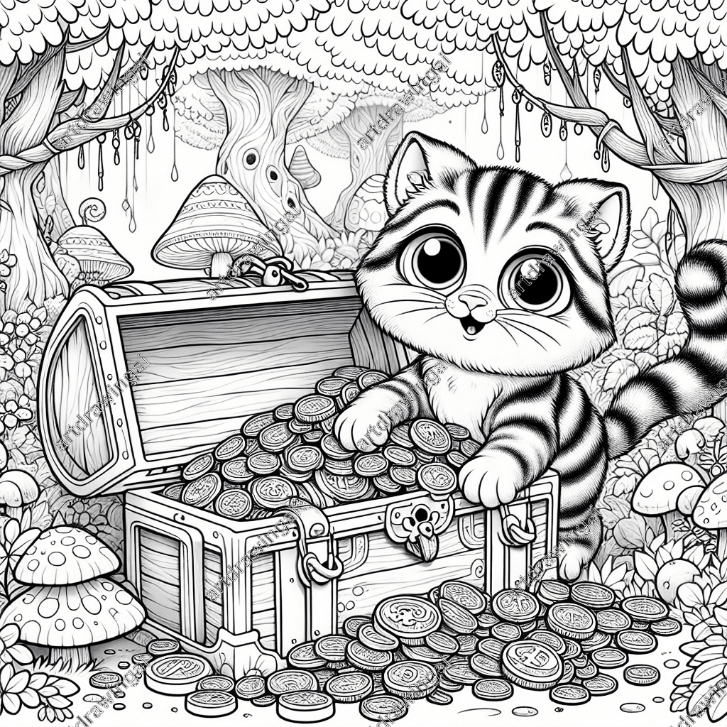 Cartoon-style cat with expressive eyes and striped tail peering into treasure chest filled with coins and jewels in a whimsical forest with unique trees and oversized mushrooms, perfect for coloring.