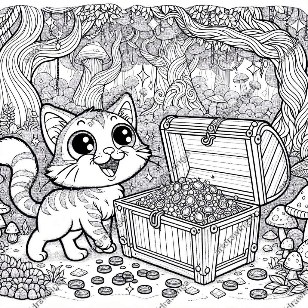 Cartoon-style cat with wide eyes and raised whiskers curiously exploring an open treasure chest filled with gemstones and gold coins, surrounded by a whimsical forest of twisty trees and mushrooms, illustrated as a line drawing for coloring.