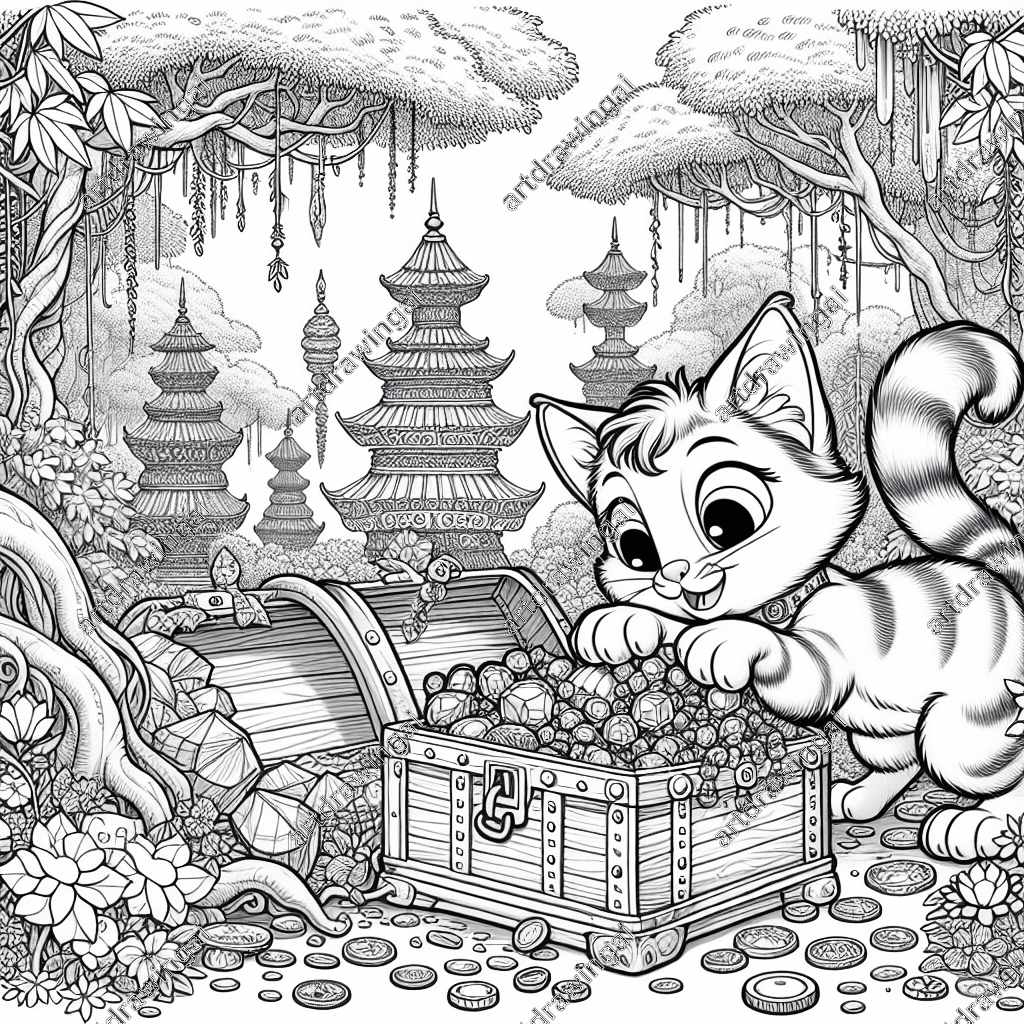 Cartoon cat with expressive eyes exploring a treasure chest filled with gemstones and gold coins in a whimsical forest. Dreamlike setting features tall trees, lush canopies, cascading vines, and unique blooming flowers, all in intricate line drawing style for coloring.