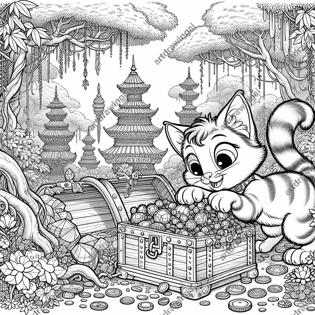 Cartoon cat with expressive eyes exploring a treasure chest filled with gemstones and gold coins in a whimsical forest. Dreamlike setting features tall trees, lush canopies, cascading vines, and unique blooming flowers, all in intricate line drawing style for coloring.