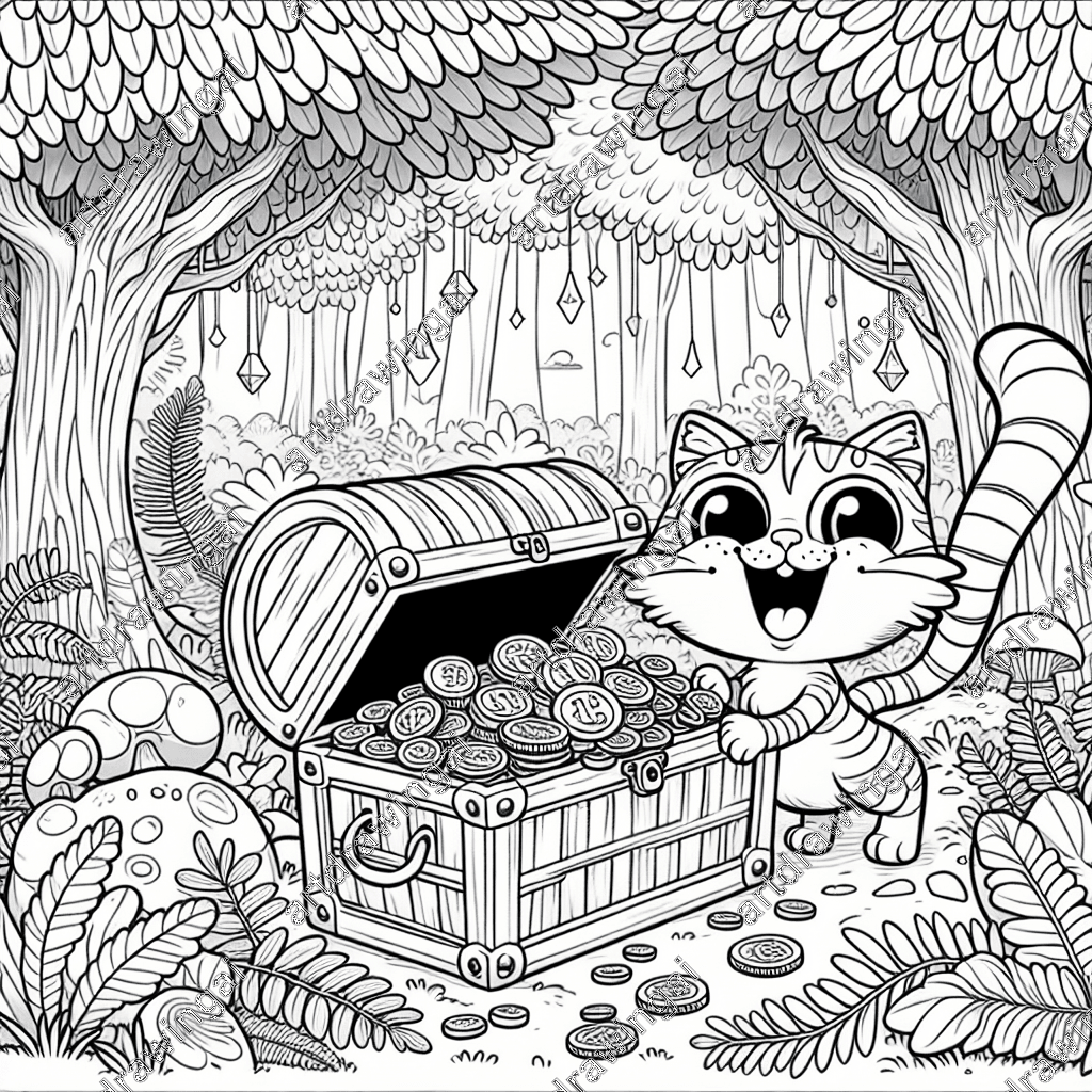 Joyous cartoon cat with big eyes and bushy tail peering into an open antique treasure chest overflowing with gold coins and jewels in a whimsical forest. Unique trees, ferns, toadstools, and falling leaves create an enchanting atmosphere, ideal for a coloring book illustration.