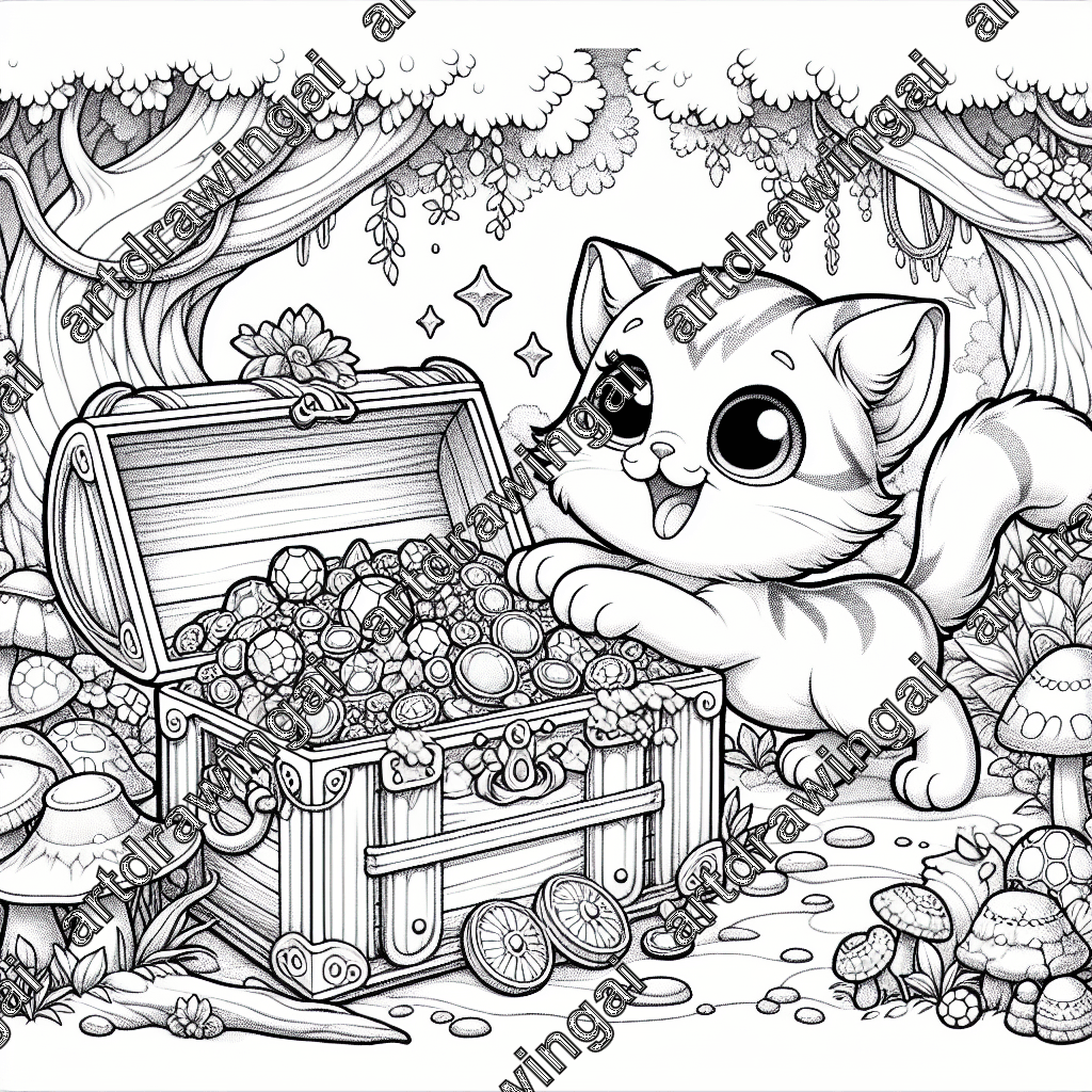 Cartoon-style cat exploring a vintage treasure chest overflowing with jewels and gold coins in a whimsical forest filled with crooked trees, colorful mushrooms, and magical flowers.