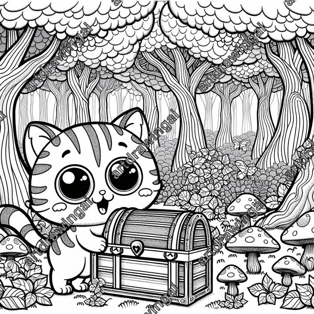 Cartoon cat with big eyes exploring a treasure chest in a whimsical forest, featuring heart-shaped leaves, vines, bright flowers, and giant toadstools, perfect for coloring.