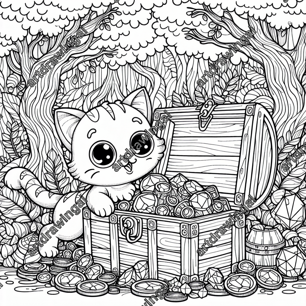 Cartoon cat with big eyes exploring a treasure chest filled with gems and coins in a whimsical forest with unusual trees and imaginative foliage, designed for intricate coloring.