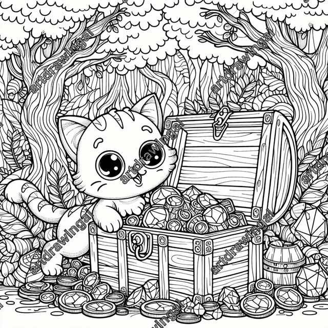 Cartoon cat with big eyes exploring a treasure chest filled with gems and coins in a whimsical forest with unusual trees and imaginative foliage, designed for intricate coloring.