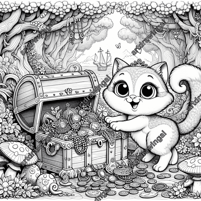 Cartoon-style cat with curious eyes exploring a treasure chest filled with jewelry and coins, set in a whimsical forest with twisted trees, oversized mushrooms, and detailed flowers. Black and white line drawing ideal for coloring.