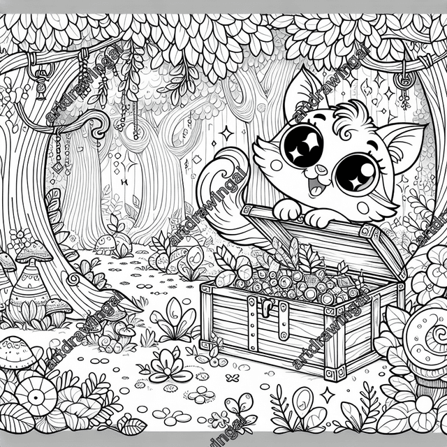 Whimsical line drawing of a curious cat with exaggerated features exploring a treasure chest overflowing with shiny trinkets in a magical forest filled with unique trees, oversized mushrooms, large flowers, and playful woodland animals. Perfect for kids' coloring activities.