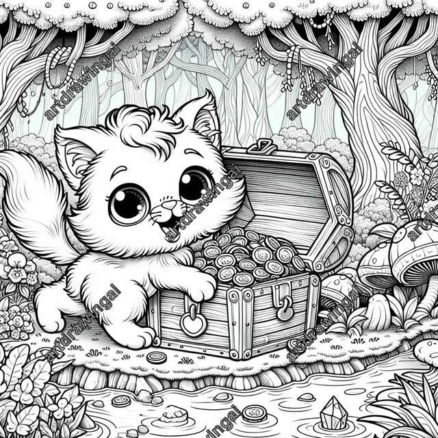 Cartoon-style line drawing of a playful cat with big eyes and a fluffy tail, exploring a treasure chest filled with shiny coins and gems in a whimsical forest. The scene features tall, twisty trees, swaying flowers, oversized fungi, and ferns, with a picturesque creek flowing in the background, perfect for coloring.