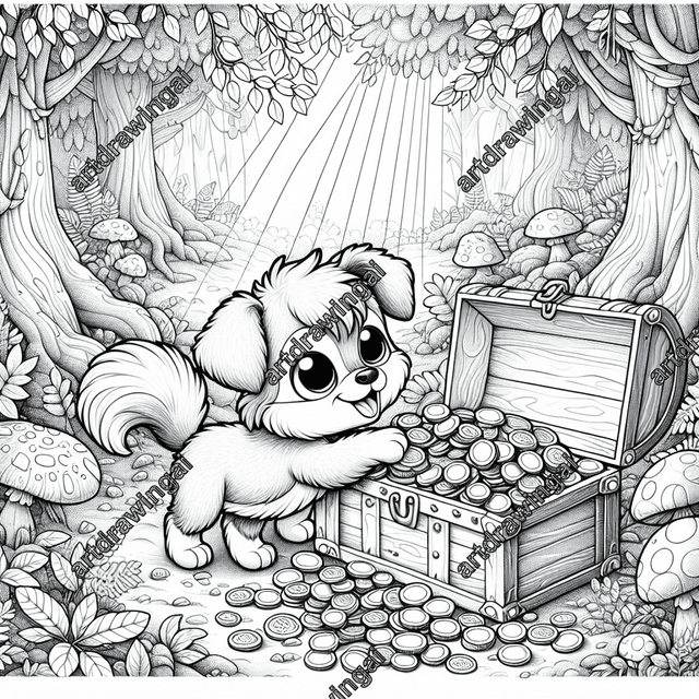 Cartoon-style dog with big eyes and wagging tail excitedly exploring a treasure chest filled with coins and gems in a whimsical forest, surrounded by trees, ferns, and mushrooms, with sunlight filtering through leaves. Ideal for coloring and evokes curiosity and enchantment.