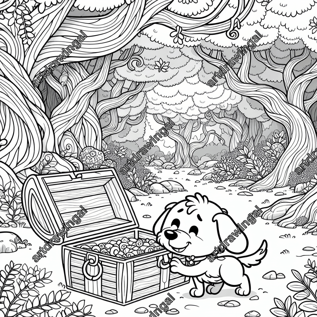 Cheerful cartoon dog exploring an open treasure chest in a whimsical forest with twisted trees, intricate flora, and fauna; ideal for coloring book pages.