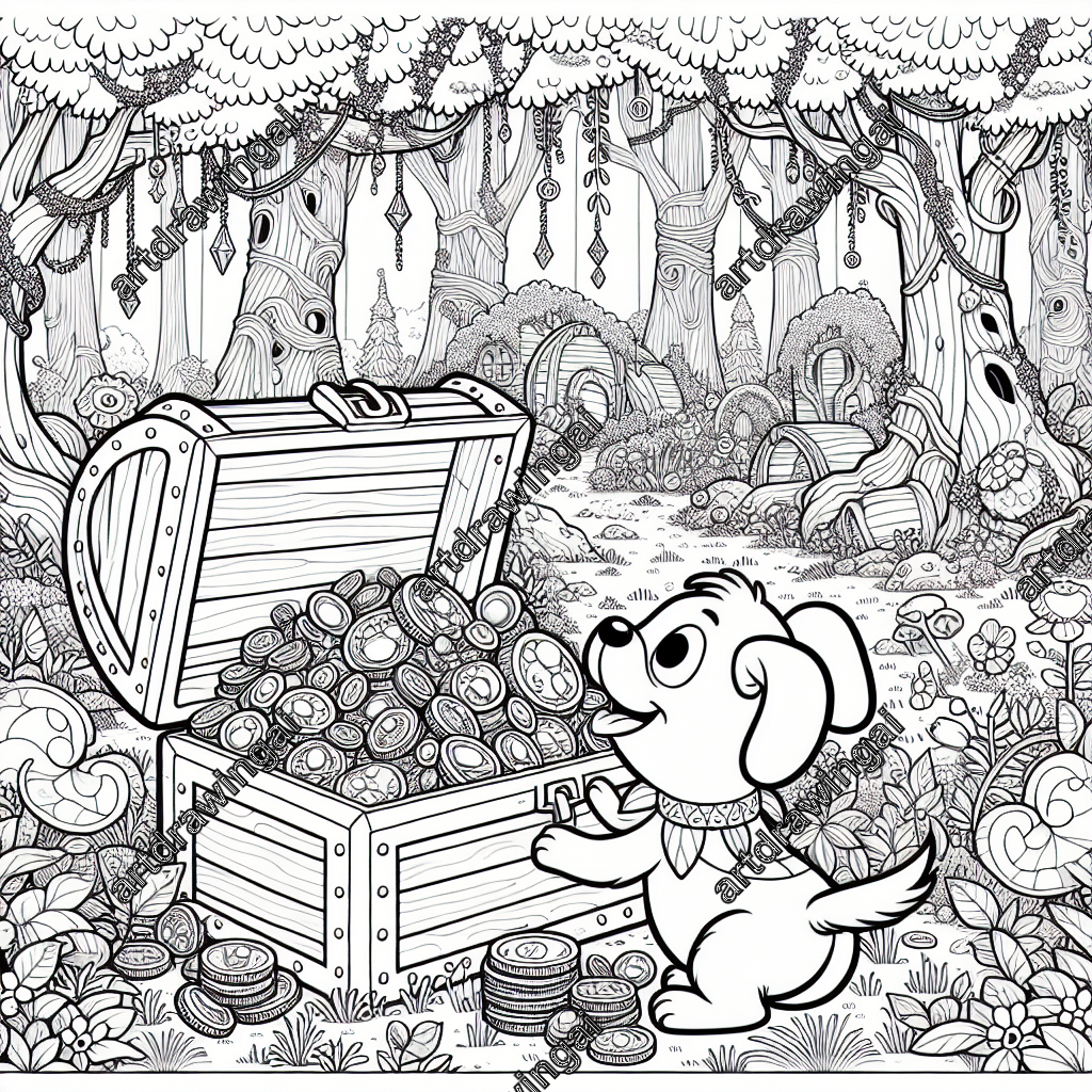 Cartoon dog exploring a treasure chest full of jewels and coins in a whimsical enchanted forest with towering trees, colorful flowers, and hidden fairy houses, ideal for coloring.