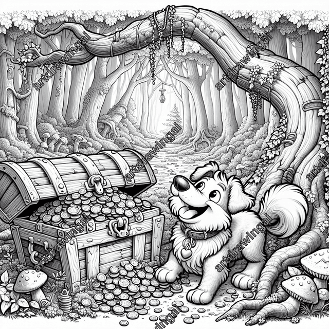 Cartoon dog exploring a treasure chest filled with coins and artifacts, surrounded by a whimsical forest with towering trees, gnarled roots, and crawling ivy. Playful line drawing suitable for coloring.