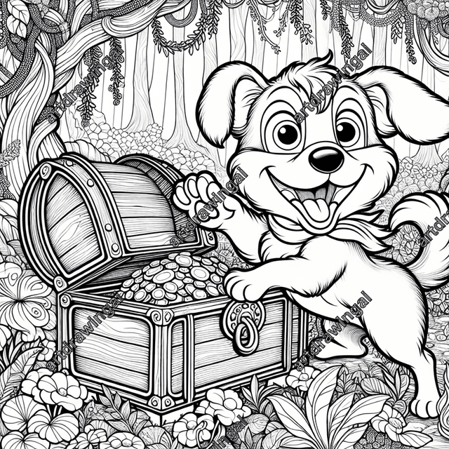 Black and white line drawing of a playful cartoon dog curiously resting its paw on a treasure chest, set in a whimsical forest filled with imaginative plants, twisting trees, and blooming flowers, designed for coloring and personalization.