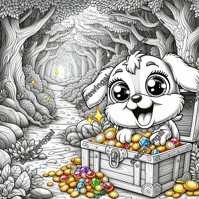 Joyful cartoon dog with big eyes and wagging tail peeking into treasure chest full of gems and coins in a whimsical forest with majestic trees and unique plants, outlined for coloring activities.