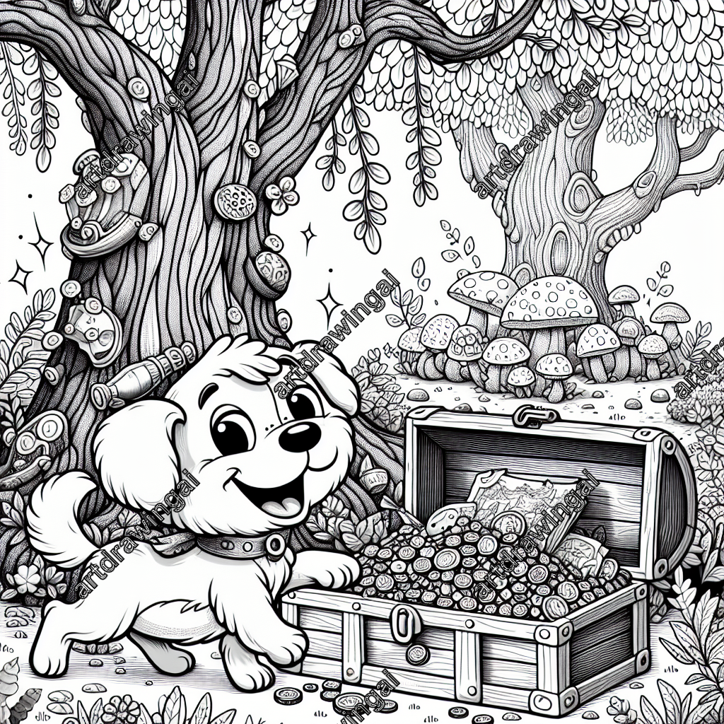 Cartoon-style dog exploring an ancient wooden treasure chest overflowing with jewels, coins, and maps in a whimsical forest with twisted trees, oversized leaves, peculiar flowers, and large toadstools, perfect for coloring activity.