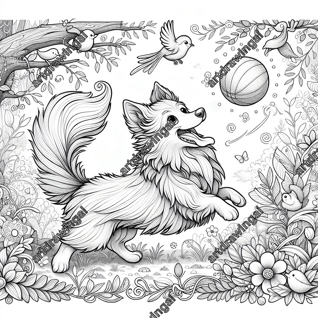 Cartoon-style line art of an energetic dog playing with a bright ball in a whimsical garden, surrounded by detailed plants, trees, nesting birds, magical creatures, and diverse flowers, perfect for a coloring book.