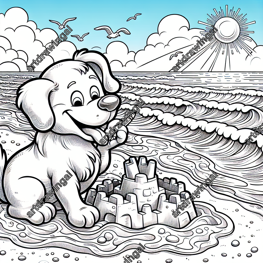 Playful cartoon line drawing of a lively dog building a sandcastle on the beach, surrounded by gentle ocean waves, sparkling water, and seagulls flying in a bright blue sky, offering a whimsical scene perfect for coloring.