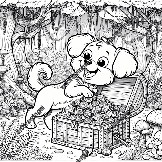 Cartoon drawing of a curious and excited dog exploring an ornate treasure chest overflowing with gold coins and gemstones in a whimsical forest filled with diverse trees, unusual flowers, ferns, and mushrooms, featuring intricate details and an enchanted atmosphere with twisted tree trunks, hanging vines, and peeking forest creatures.