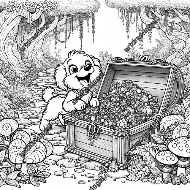 Playful cartoon dog peering into a treasure chest full of jewels in a whimsical forest filled with gnarled trees and exotic plants, perfect for coloring and sparking creativity.