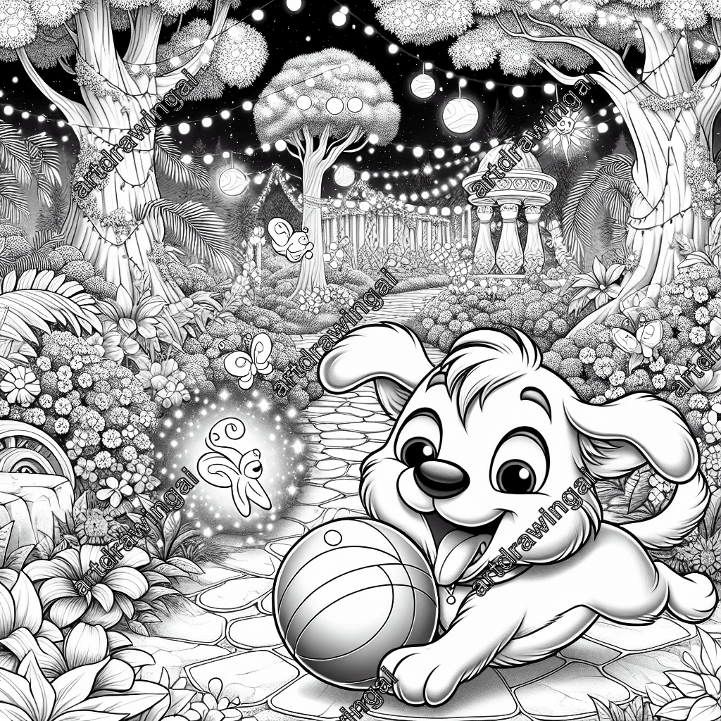 A detailed black and white line drawing of a cartoon-style dog joyfully playing with a round ball in a magical garden filled with tall trees, exotic flowers, twinkling lights, and an ancient stone pathway, featuring dancing butterflies and garden fairies. Perfect for coloring, this enchanting scene appeals to both children and adults.