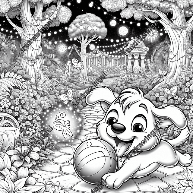 A detailed black and white line drawing of a cartoon-style dog joyfully playing with a round ball in a magical garden filled with tall trees, exotic flowers, twinkling lights, and an ancient stone pathway, featuring dancing butterflies and garden fairies. Perfect for coloring, this enchanting scene appeals to both children and adults.