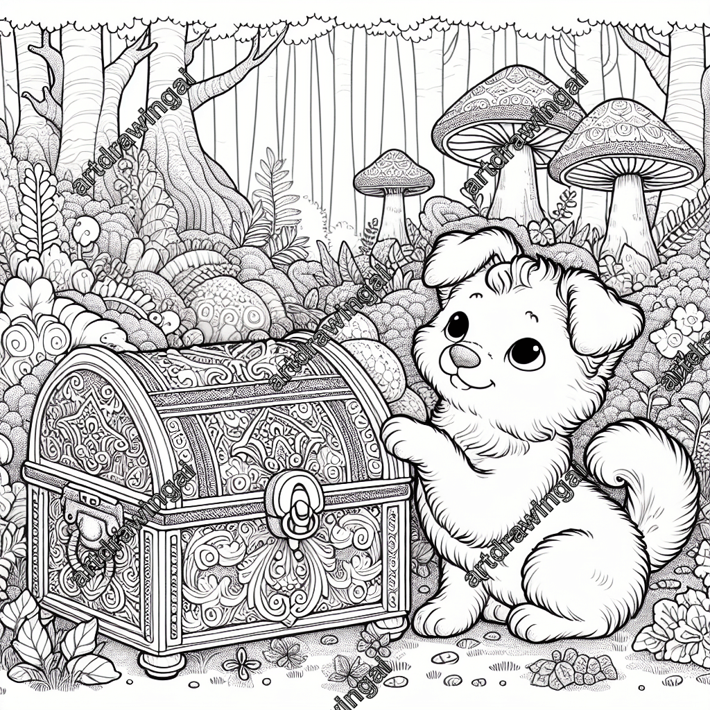 A charming cartoon-style dog exploring an ornate treasure chest in a whimsical forest, surrounded by giant mushrooms, lush trees, and vibrant flora and fauna, ideal for coloring for both kids and adults.