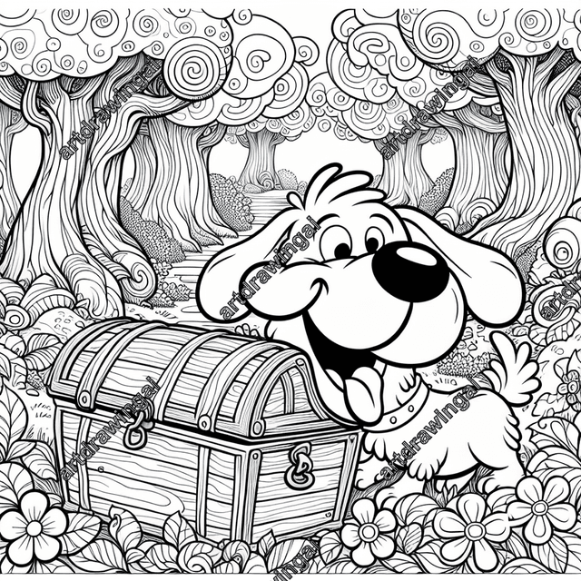 Joyful cartoon dog with floppy ears and exaggerated snout curiously exploring a worn treasure chest in a whimsical forest, featuring spiral-trunked trees, star-shaped leaves, oversized patterned flowers, and a winding path leading to the horizon. Ideal for coloring with ample design space and creative elements.