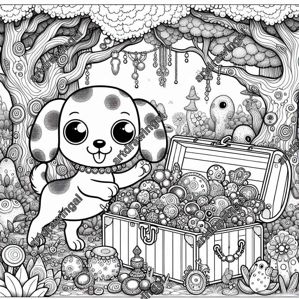 Cartoon-style line drawing of a playful dog with splotchy fur and large eyes, exploring a treasure chest overflowing with gemstones, trinkets, and pearls, in a whimsical forest filled with unique trees and vibrant plants, ideal for coloring.