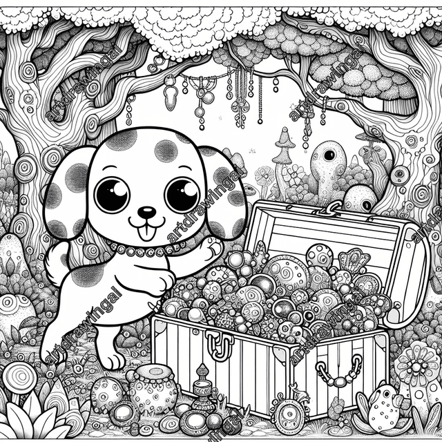 Cartoon-style line drawing of a playful dog with splotchy fur and large eyes, exploring a treasure chest overflowing with gemstones, trinkets, and pearls, in a whimsical forest filled with unique trees and vibrant plants, ideal for coloring.