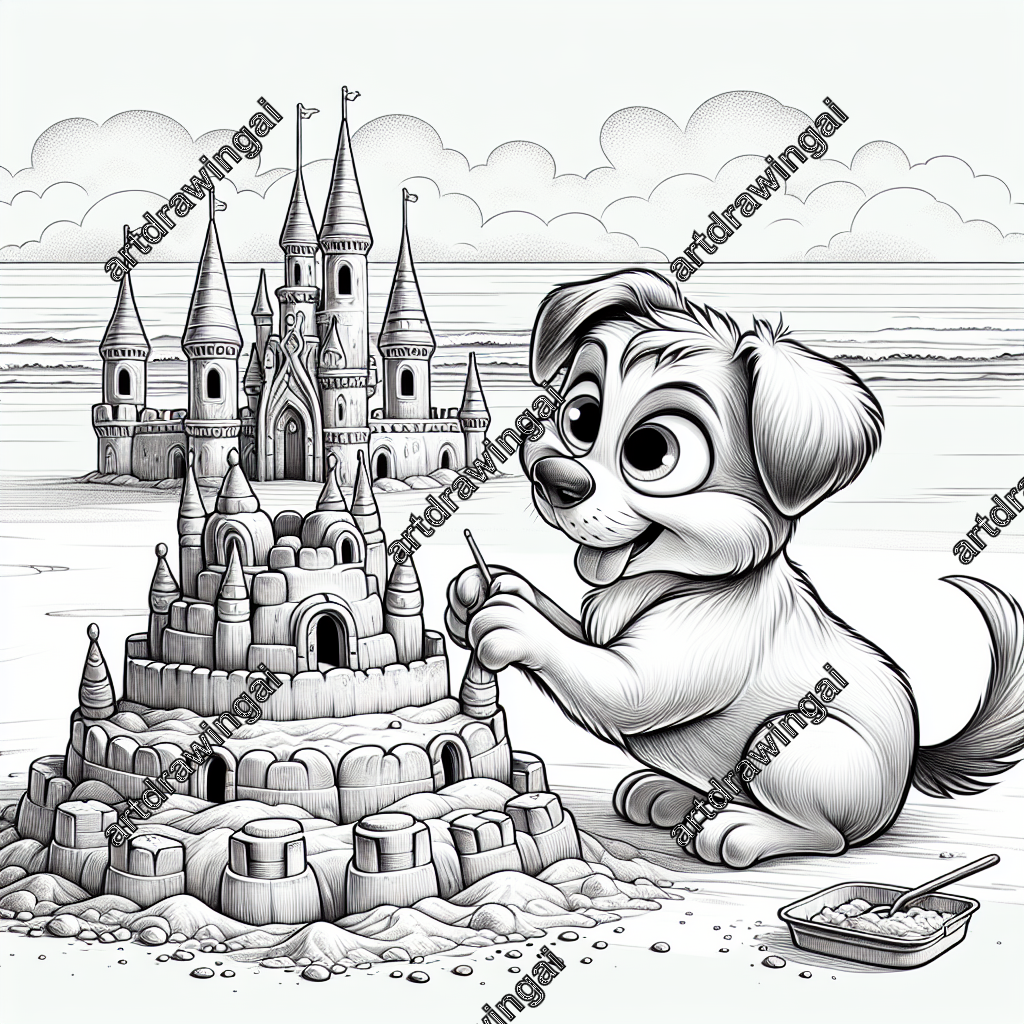 Cartoon-style dog with big eyes and a wagging tail building a detailed sandcastle on a golden beach, with a calm ocean in the background; intricate line-drawing perfect for coloring activities.