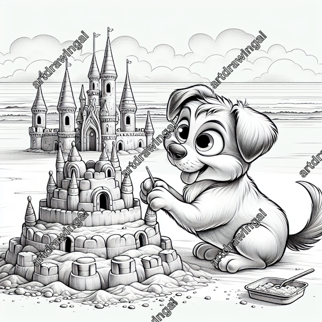 Cartoon-style dog with big eyes and a wagging tail building a detailed sandcastle on a golden beach, with a calm ocean in the background; intricate line-drawing perfect for coloring activities.