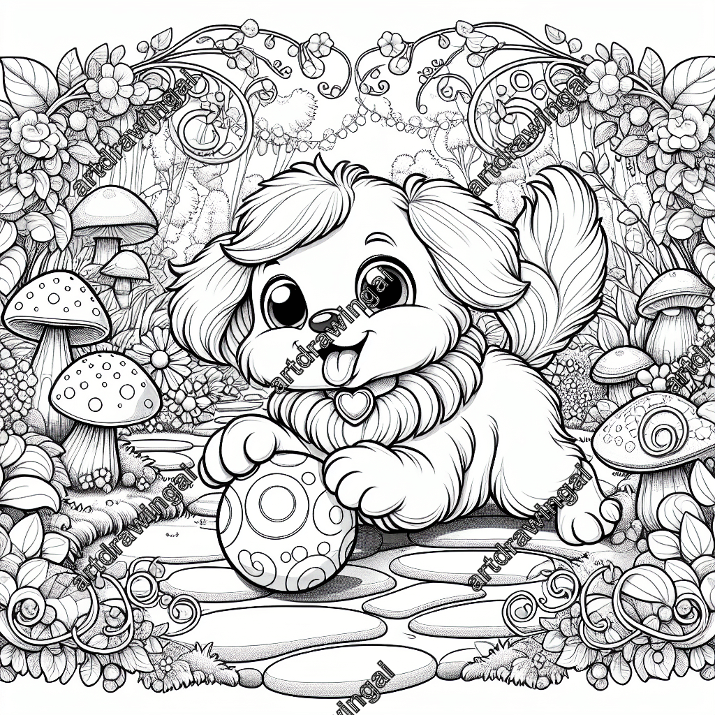 Intricate line-art illustration of a cute cartoon dog playing with a ball in a magical garden filled with oversized mushrooms, whimsical plants, and fairy lights, perfect for coloring.