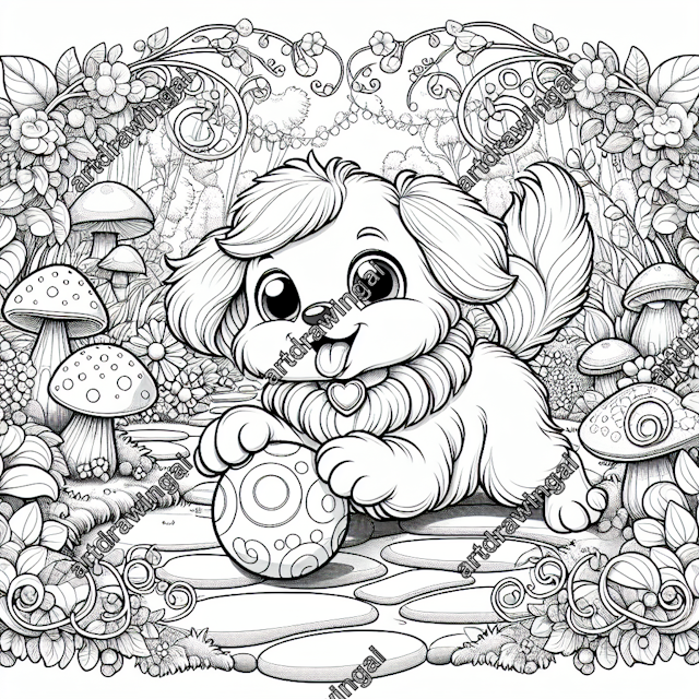 Intricate line-art illustration of a cute cartoon dog playing with a ball in a magical garden filled with oversized mushrooms, whimsical plants, and fairy lights, perfect for coloring.