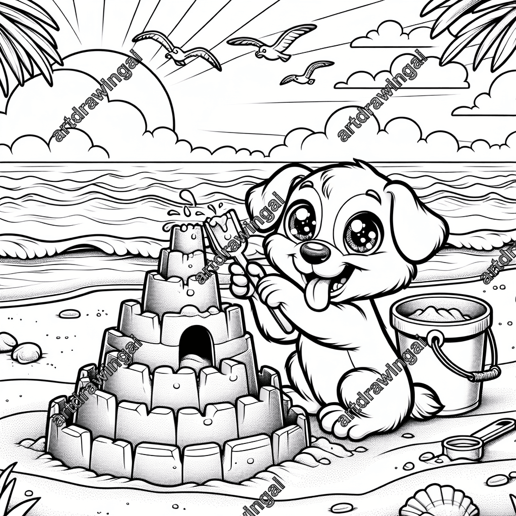 Cartoon-style illustration of a playful dog joyfully building a sandcastle on the beach, featuring a shimmering-eyed dog with a tiny pail and shovel, waves in the background, flying seagulls, and a palm tree offering shade, designed as a detailed black-and-white line drawing for coloring.