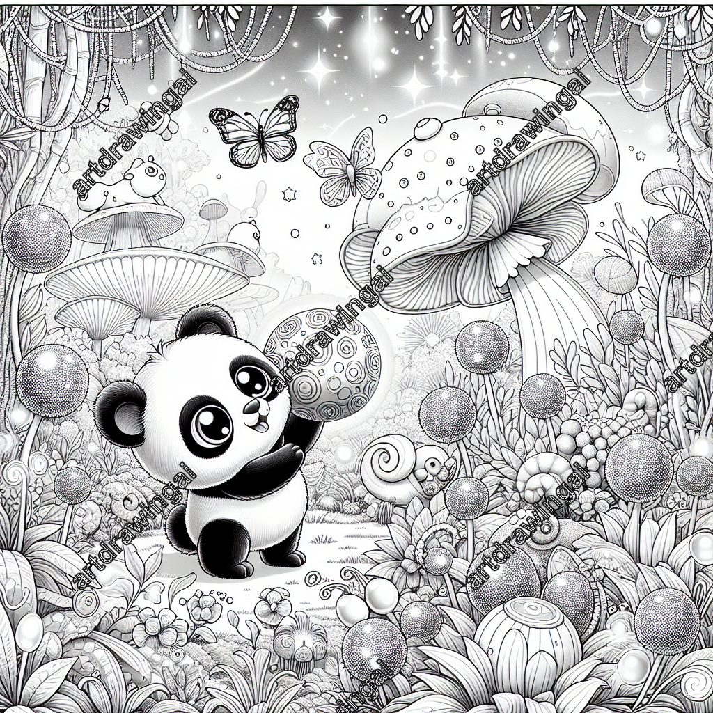 Cartoon-style panda playing with a spherical toy in a magical garden filled with whimsical plants, glowing flowers, and enchanting creatures, surrounded by butterflies and birds. Detailed line drawing ideal for coloring.