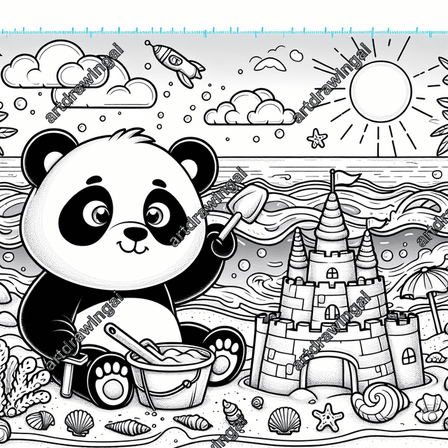 Playful cartoon panda building a sandcastle at the beach with a shovel and bucket, surrounded by seashells and starfish, under a bright sun and fluffy clouds, with palm trees framing the scene, ideal for coloring activities.