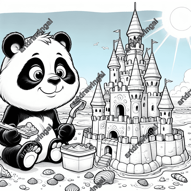 Cartoon panda building an ornate sandcastle on a sunny beach, showcasing focused expression and intricate design. Surrounding seashells and gentle waves enhance the vibrant scene, highlighted by a bright sun. Detailed line drawing ideal for coloring, promoting creativity and fun.