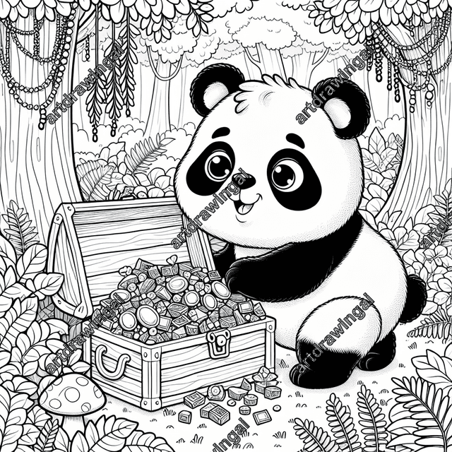 Delightful cartoon-style panda cartoon exploring a treasure chest filled with gold, jewels, and pearls in a whimsical forest with tall trees, ferns, mushrooms, and hanging vines, perfect for coloring.